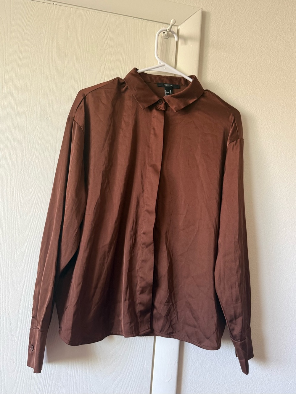 Forever 21 Chocolate Brown Silk Button Down Blouse M